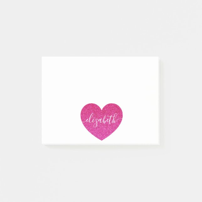 Cute Glitter Pink Heart Personalized Girly Name Post-it Notes (Front)