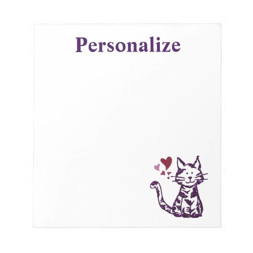Cute Glitter Purple Cat with Pink and Red Hearts Notepad