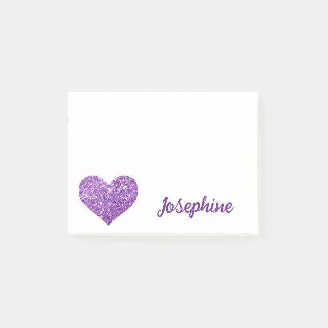 Cute Glitter Purple Heart Personalized Girly Name Post-it Notes (Front)