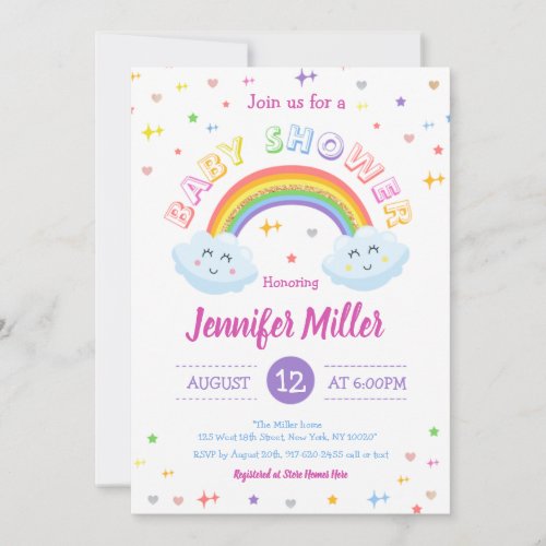 Cute Glitter Rainbow Colorful Clouds Baby Shower Invitation