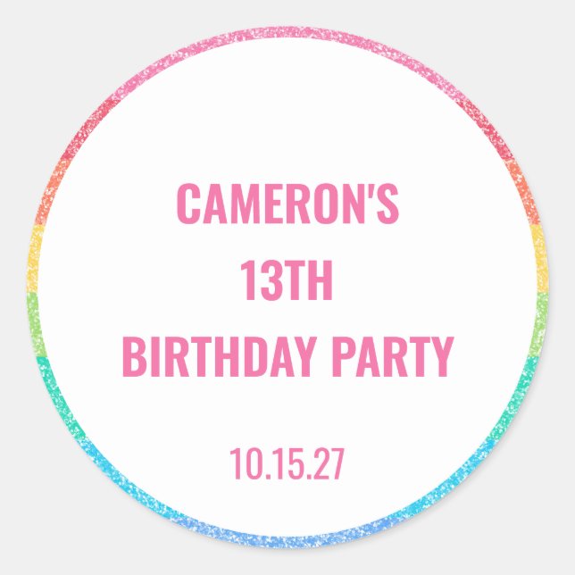 Cute Glitter Rainbow Colorful Custom Birthday Classic Round Sticker (Front)