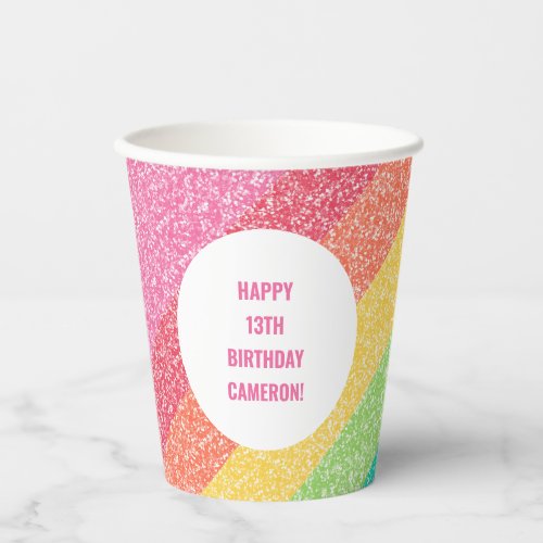 Cute Glitter Rainbow Colorful Custom Birthday Paper Cups