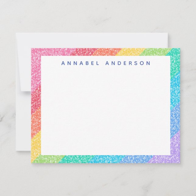 Cute Glitter Rainbow Stripes Colorful Border Name Note Card (Front)