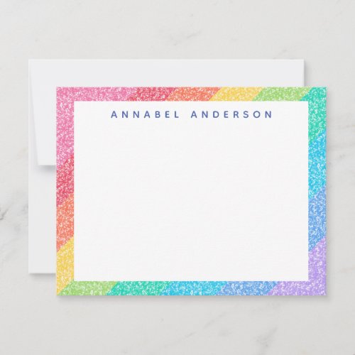 Cute Glitter Rainbow Stripes Colorful Border Name Note Card