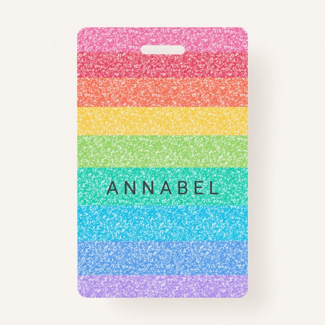 Cute Glitter Rainbow Stripes Colorful Custom Name Badge (Front)