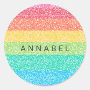 Cute Glitter Rainbow Stripes Colorful Custom Name Classic Round Sticker