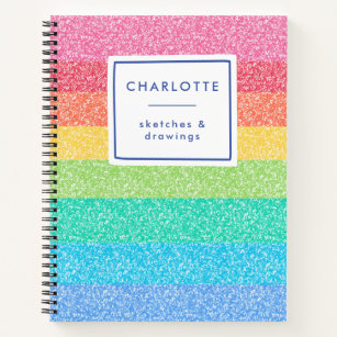Cute Glitter Rainbow Stripes Colorful Name Sketch Notebook