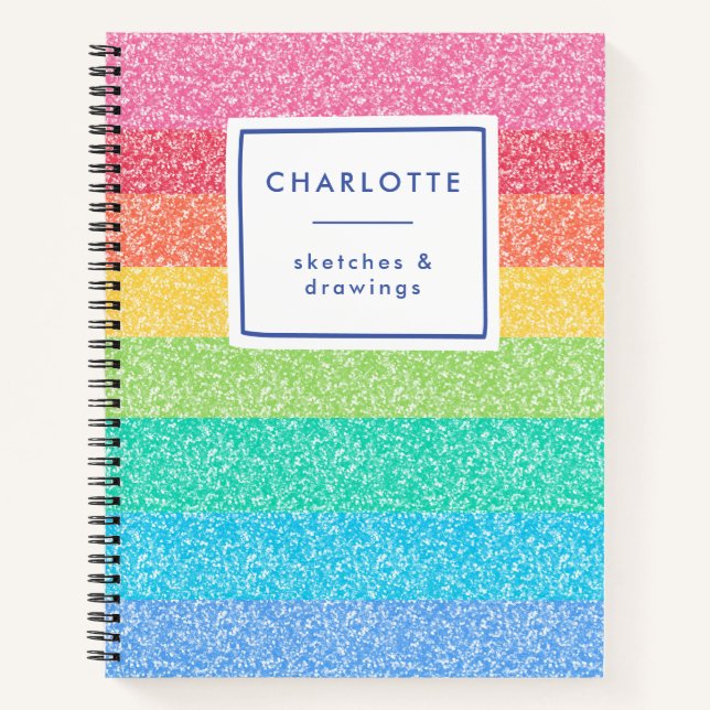 Cute Glitter Rainbow Stripes Colorful Name Sketch Notebook (Front)