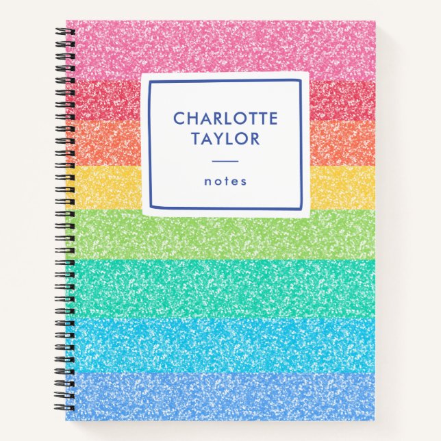 Cute Glitter Rainbow Stripes Colorful Name Writing Notebook (Front)