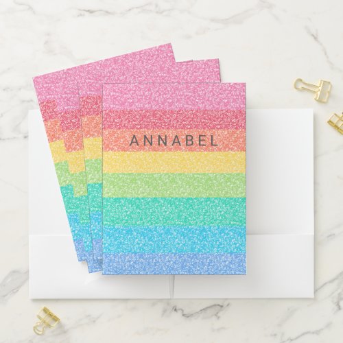 Cute Glitter Rainbow Stripes Colorful Pattern Name Pocket Folder