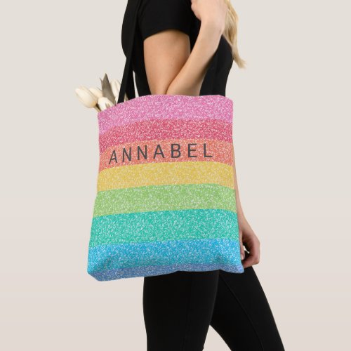 Cute Glitter Rainbow Stripes Colorful Pattern Name Tote Bag