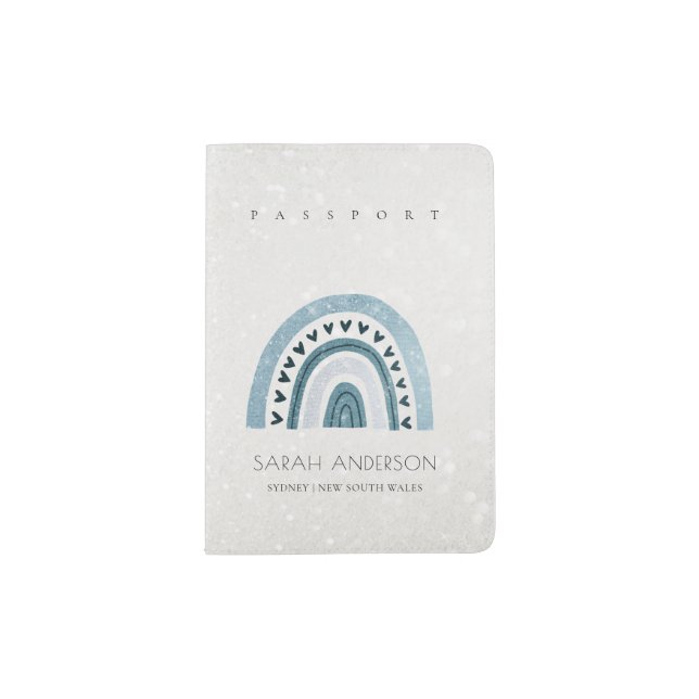 Cute Glitter Sparkle Aqua Blue Rainbow Heart Passport Holder (Front)
