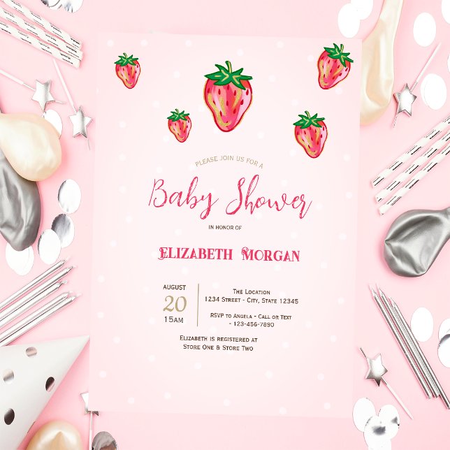 Cute Glitter Strawberries Dots Baby Shower Invitation (Creator Uploaded)