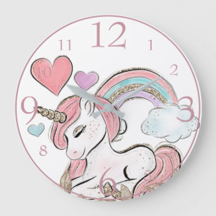 Cute Glitter Unicorn and Rainbow with Hearts Large Clock