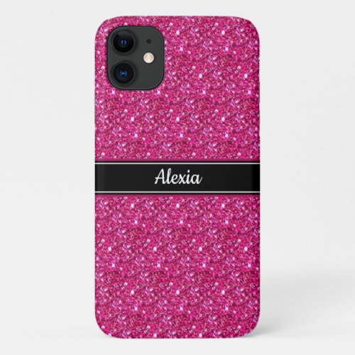 Cute glittering pink with black belt  name text iPhone 11 case