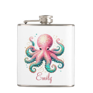 Cute Glittery Octopus Custom Monogram Flask