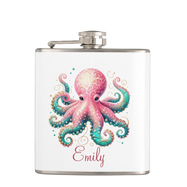 Cute Glittery Octopus Custom Monogram Flask (Front)