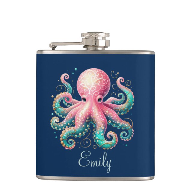 Cute Glittery Octopus Custom Monogram Flask (Front)