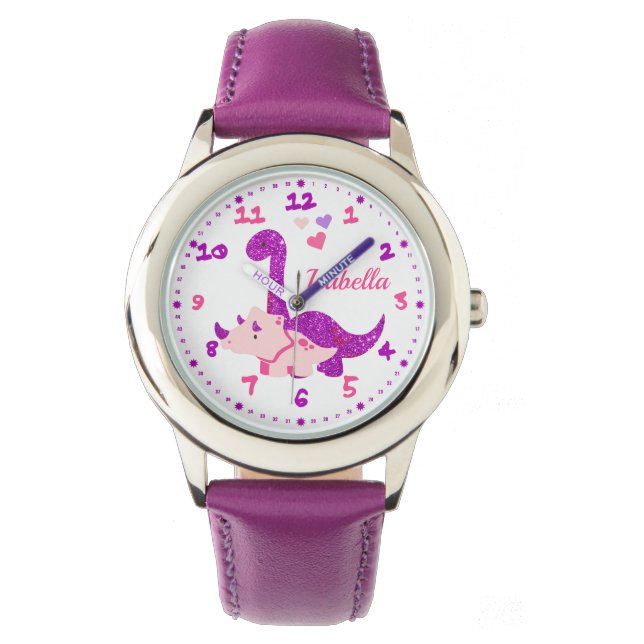 Cute Glittery Purple Dinosaur Personalized Watch (Front)