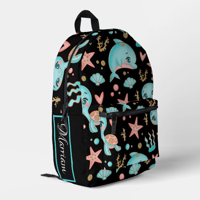 cute glittery sea animal  printed backpack (Back Corner Left)