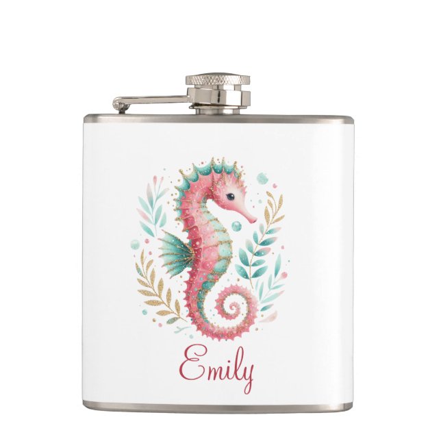 Cute Glittery Seahorse Custom Monogram Flask (Front)