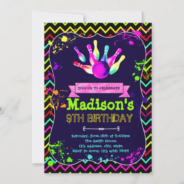 Cute glow bowling party birthday invitation (Front)