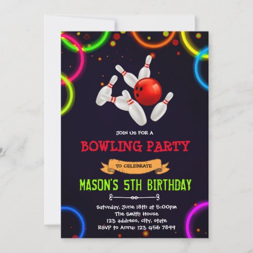 Cute glow bowling party invitation
