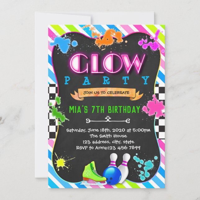 Cute glow party birthday invitation (Front)