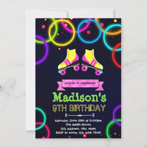 Cute glow roller skate party invitation