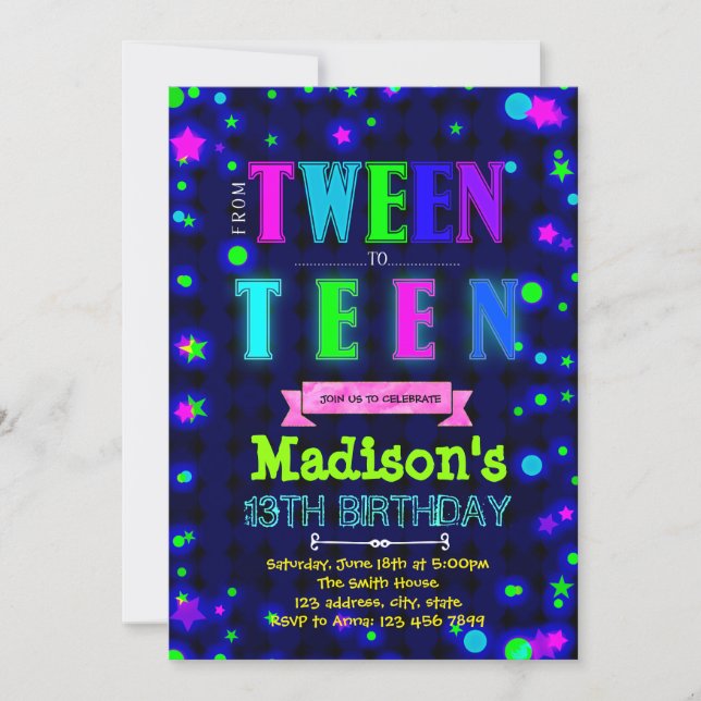 Cute glow tween party birthday invitation (Front)