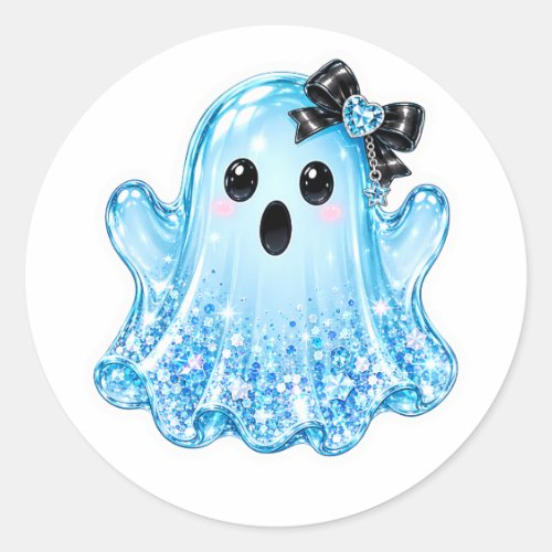 Cute Glowing Ghost with Black Bow Vinyl  Classic Round Sticker