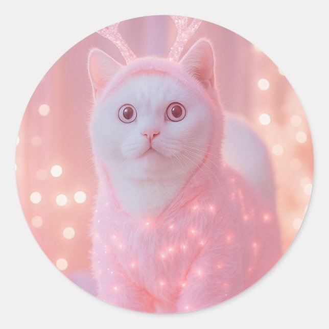 Cute Glowing Reindeer Kitty Winter Fantasy         Classic Round Sticker (Front)