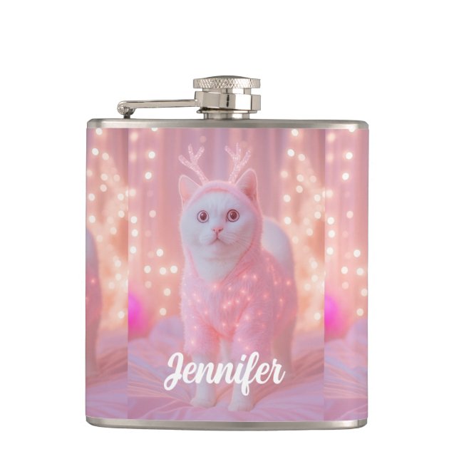 Cute Glowing Reindeer Kitty Winter Fantasy         Flask (Front)