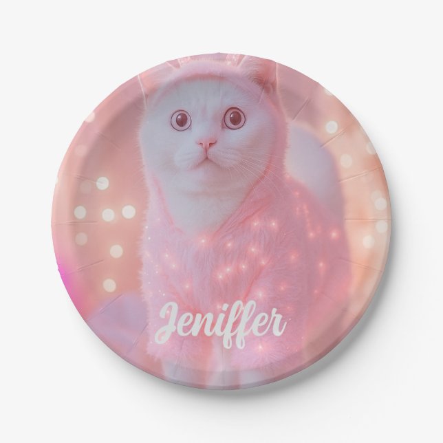 Cute Glowing Reindeer Kitty Winter Fantasy         Paper Plates (Front)