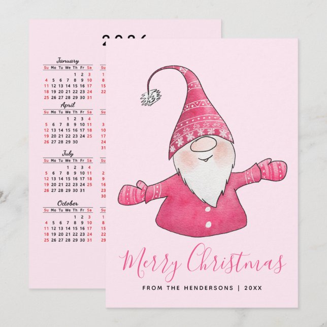 Cute Gnome 2026 Calendar Pink Merry Christmas Holiday Card (Front/Back)