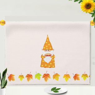 Cute Gnome and Autumn Leaves on Beige Kitchen Towel