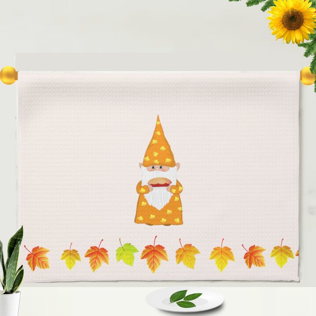 Cute Gnome and Autumn Leaves on Beige Kitchen Towel (Creator Uploaded)