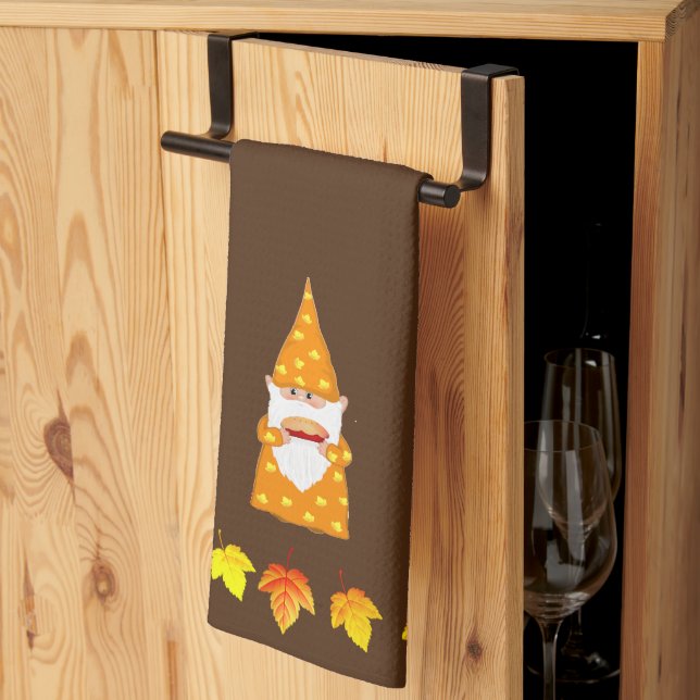 Cute Gnome and Autumn Leaves on Brown Kitchen Towel (Thirds Fold)