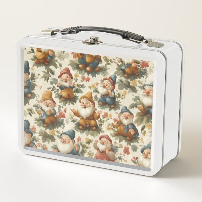 Cute gnome and flowers design metal lunch box (Front)