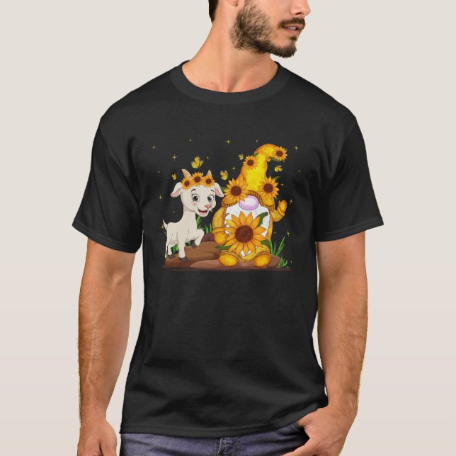 Cute Gnome And Goat Sunflower  Gnome Goat Farmer T-Shirt (Front)
