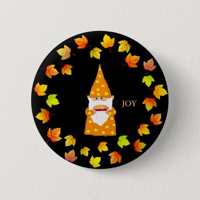 Cute Gnome and Holiday Fall Leaves on Black Button (Front)