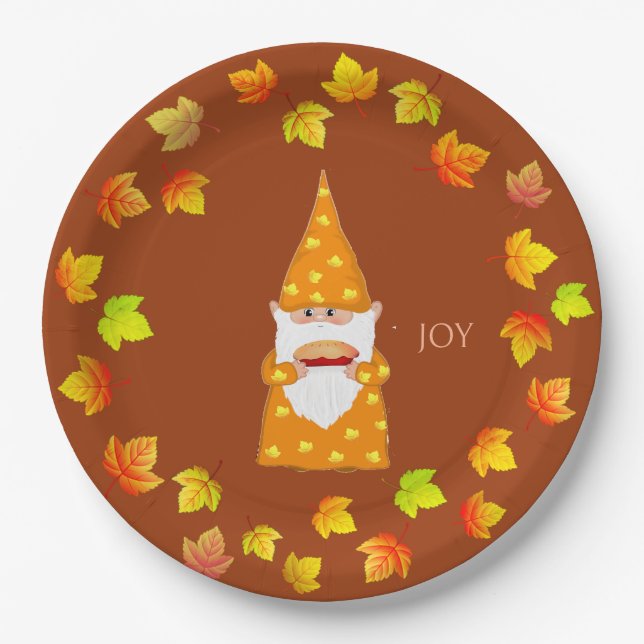 Cute Gnome and Holiday Fall Leaves on Terracotta Paper Plates (Front)