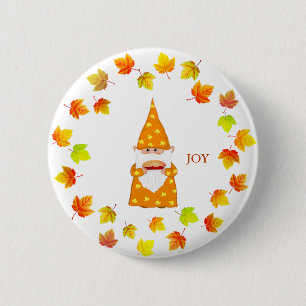Cute Gnome and Holiday Fall Leaves on White Button