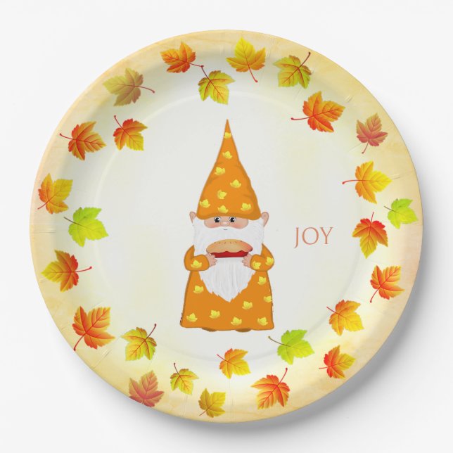 Cute Gnome and Holiday Fall Leaves  Paper Plates (Front)