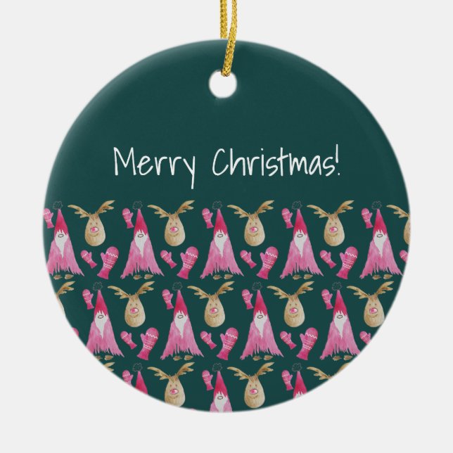 Cute Gnome And Reindeer With Pink Glove Ceramic Ornament (Front)