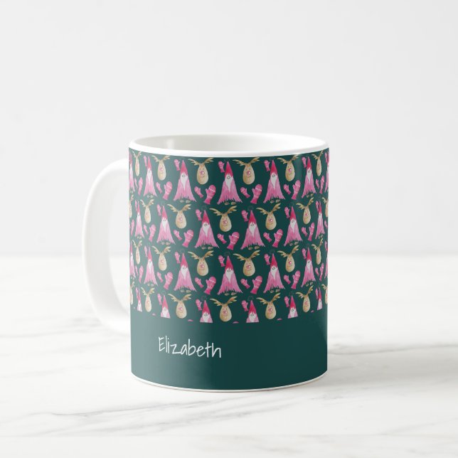 Cute Gnome And Reindeer With Pink Glove Coffee Mug (Front Left)