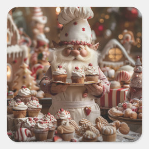 Cute gnome baker surrounded by cakes and treats square sticker