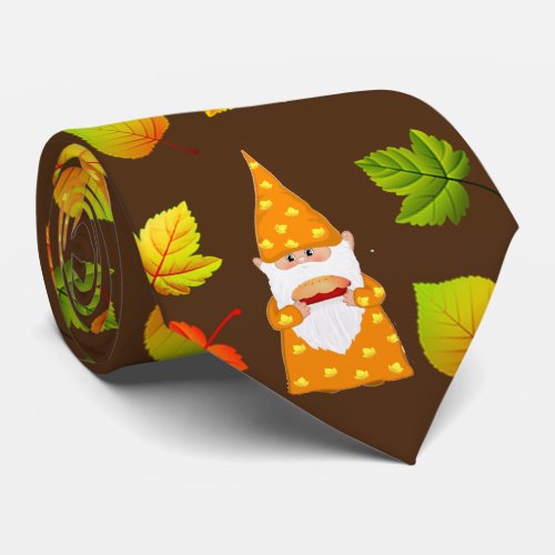 Cute Gnome  Beautiful Autumn Leaves on Brown Neck Tie