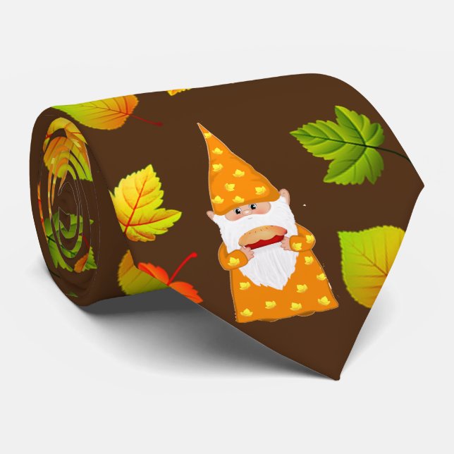 Cute Gnome & Beautiful Autumn Leaves on Brown Neck Tie (Rolled)