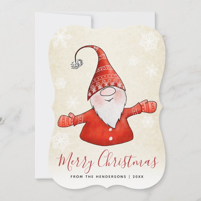 Cute Gnome Beige Red Merry Christmas Holiday Card (Front)